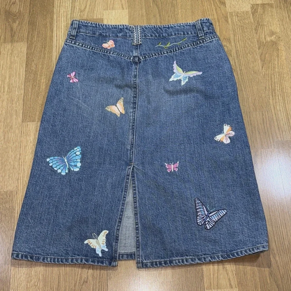 Y2k Gap Jean Skirt 6 Midi Embroidered Butterflies Patches Boho Festival Whimsy - Picture 6 of 16